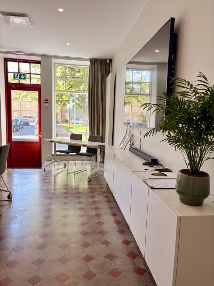 View along the white sideboard in the Park Hotell Viljandi seminar room, with a TV, soundbar, notepads and a potted palm, looking towards large windows and a red glass door